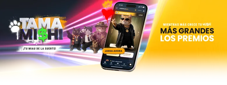 Banner del minijuego Tamami$hi con el gato mascota de Juegalo en primer plano.