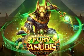 Miniatura de la tragamonedas Fury of Anubis con un chacal dorado sobre fondo azul oscuro.