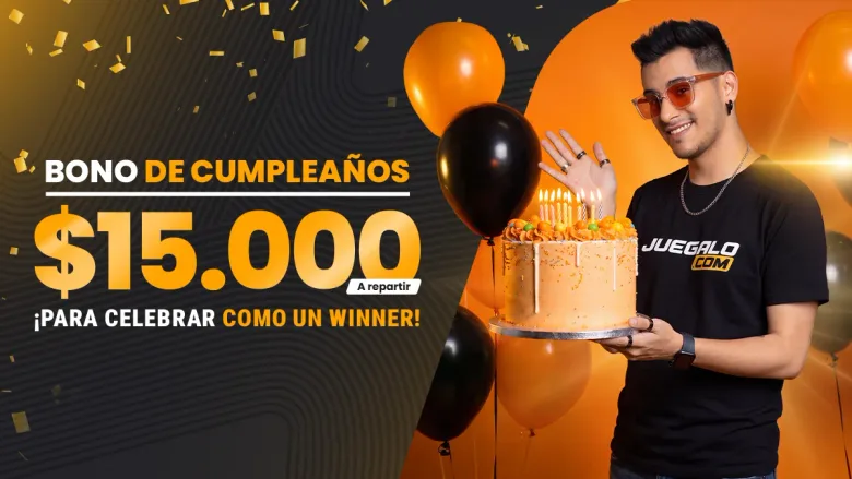 Pieza promocional del bono de cumpleaños de Juegalo con una torta y el gato Mi$hi.