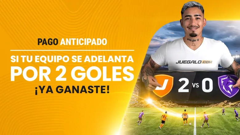 Pieza promocional del pago anticipado de Juegalo con un marcador de dos goles de ventaja.